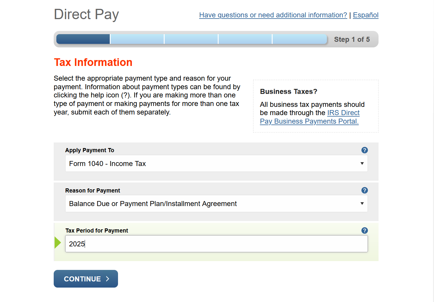 IRS Direct Pay tax information screen with Reason for Payment, Apply Payment To, and Tax Period dropdowns.