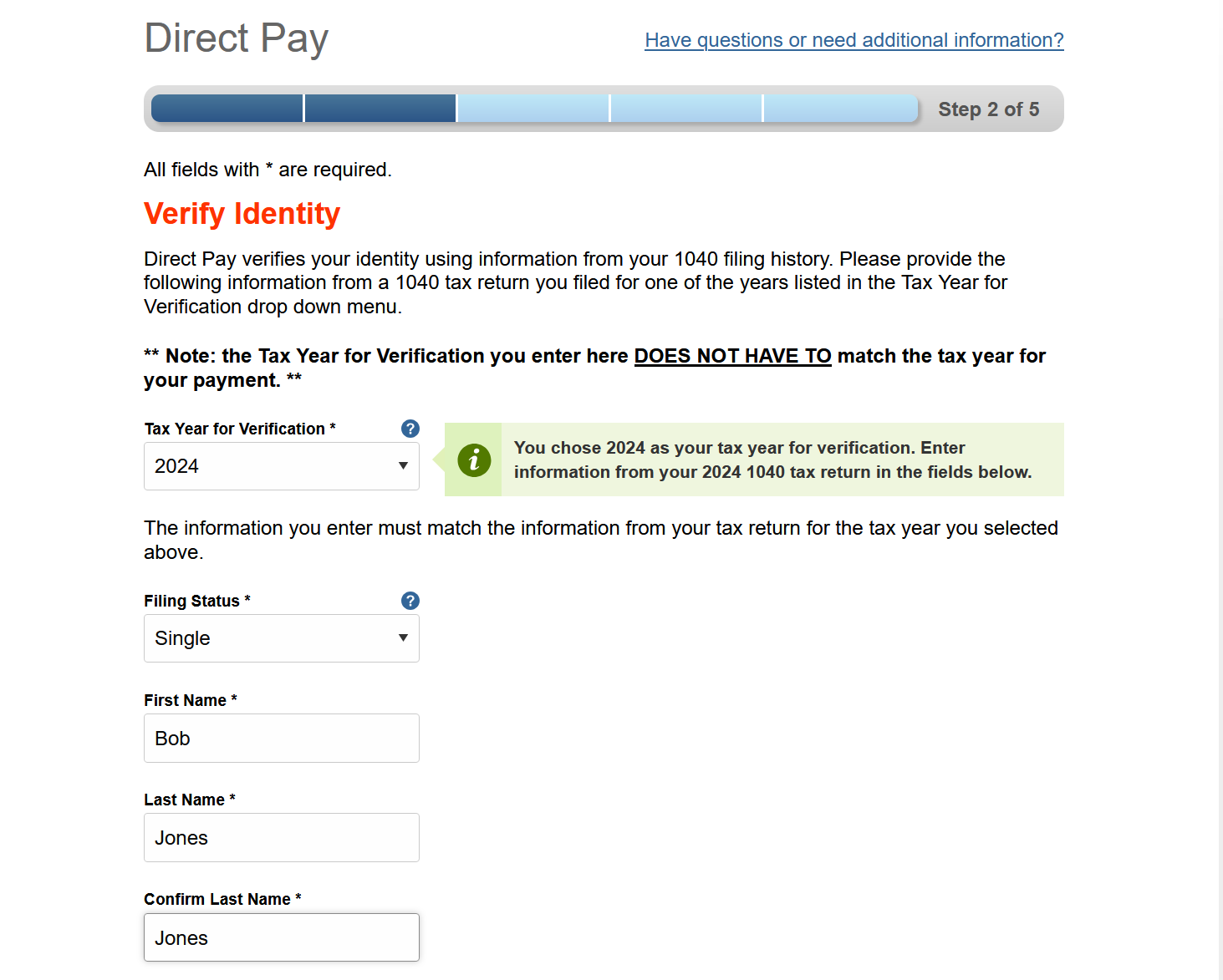 IRS Direct Pay verify identity form with fields for filing status, name, SSN, date of birth, and address.